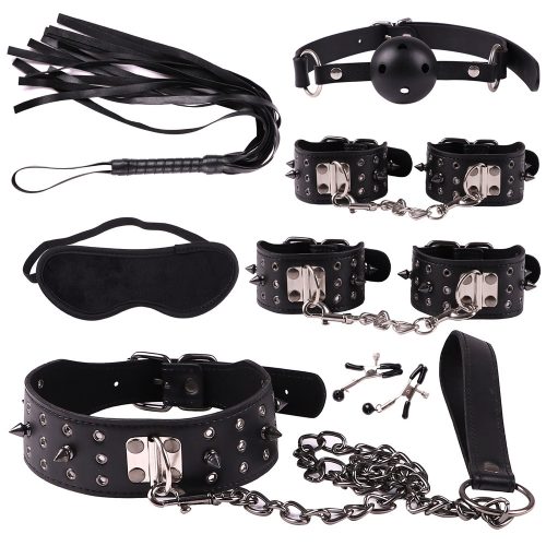 Spiked and studded black leather bondage kit.