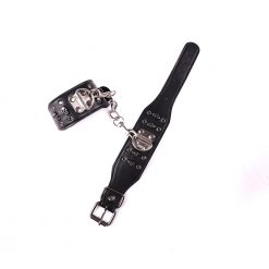 Spiked and studded black leather bondage kit.