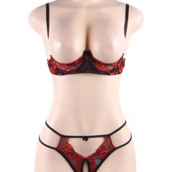 Sexy Red And Black Flower Open Bra And Panty Set - Image 7
