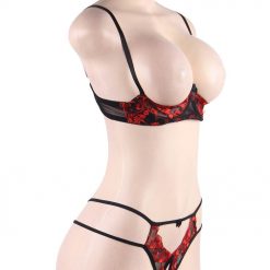 Sexy Red And Black Flower Open Bra And Panty Set - Image 6