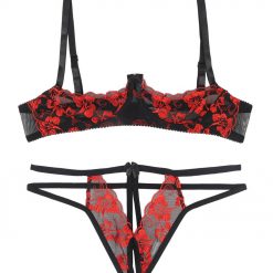Sexy Red And Black Flower Open Bra And Panty Set - Image 4