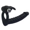 Vibrating Silicone Rabbit Cockring Double Penetrator - Black