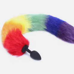 Vibrating Silicone Butt Plug With Rainbow Coloured Fox Tail And Remote