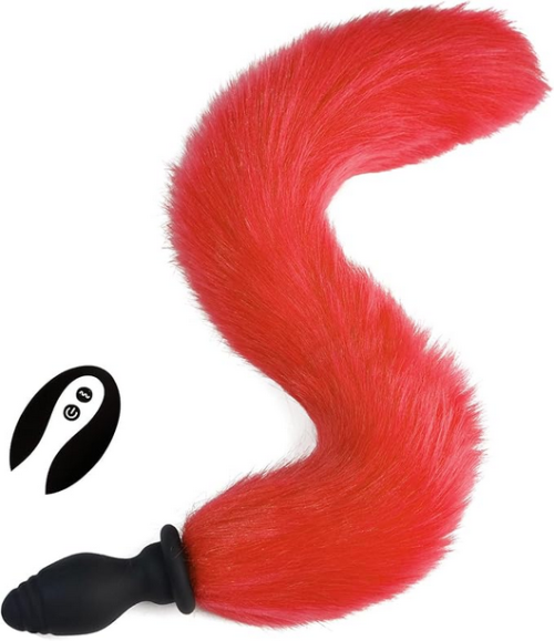 Vibrating Silicone Butt Plug With Red Coloured Fox Tail And Remote
