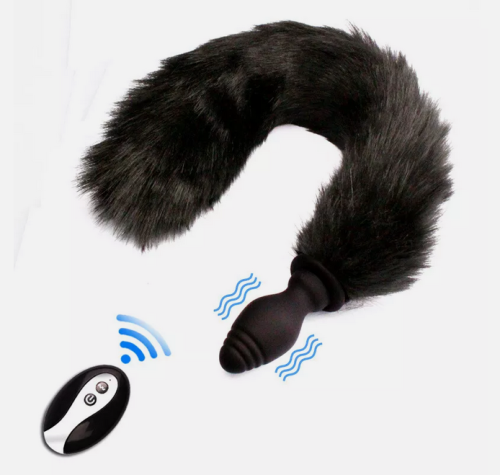 Vibrating Silicone Butt Plug With Black Coloured Fox Tail And Remote