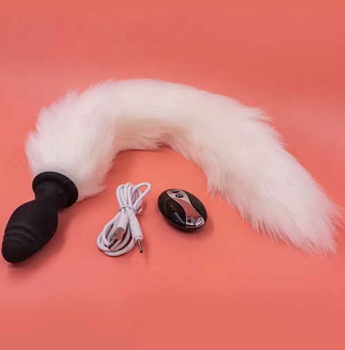Vibrating Silicone Butt Plug With White Coloured Fox Tail And Remote