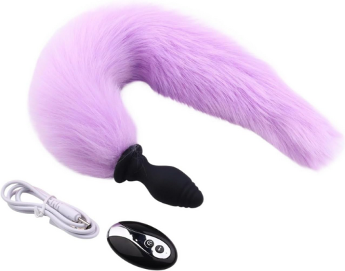 Vibrating Silicone Butt Plug With Purple Coloured Fox Tail And Remote