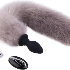 Vibrating Silicone Butt Plug With Grey Coloured Fox Tail And Remote