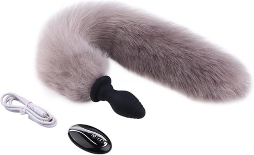 Vibrating Silicone Butt Plug With Grey Coloured Fox Tail And Remote