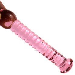 Pink Ribbed Glass Dildo with Suction Cup Base