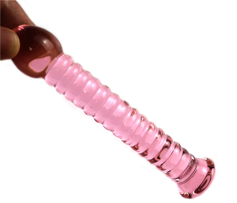 Pink Ribbed Glass Dildo with Suction Cup Base