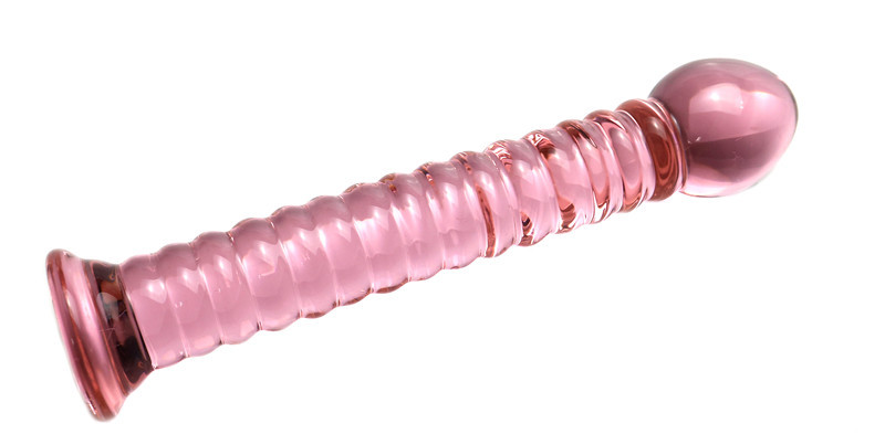 Pink Ribbed Glass Dildo with Suction Cup Base - Image 2