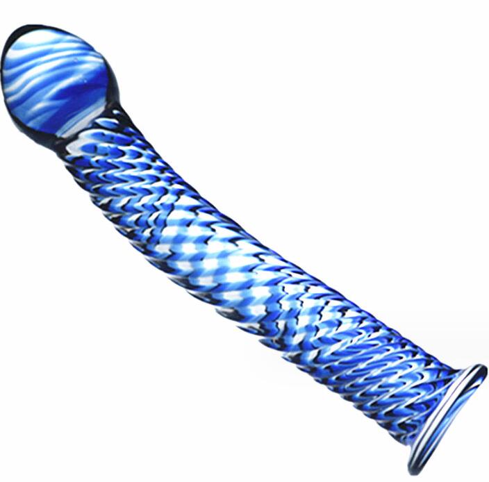 Blue Spiral Textured Glass Dildo - Strap-On Harness Friendly - Image 2
