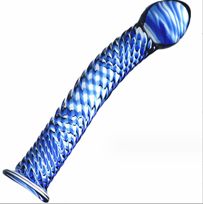 Blue Spiral Textured Glass Dildo - Strap-On Harness Friendly - Image 3