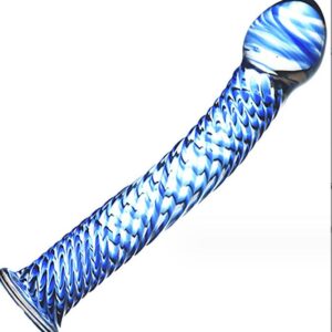 Blue Spiral Textured Glass Dildo - Strap-On Harness Friendly