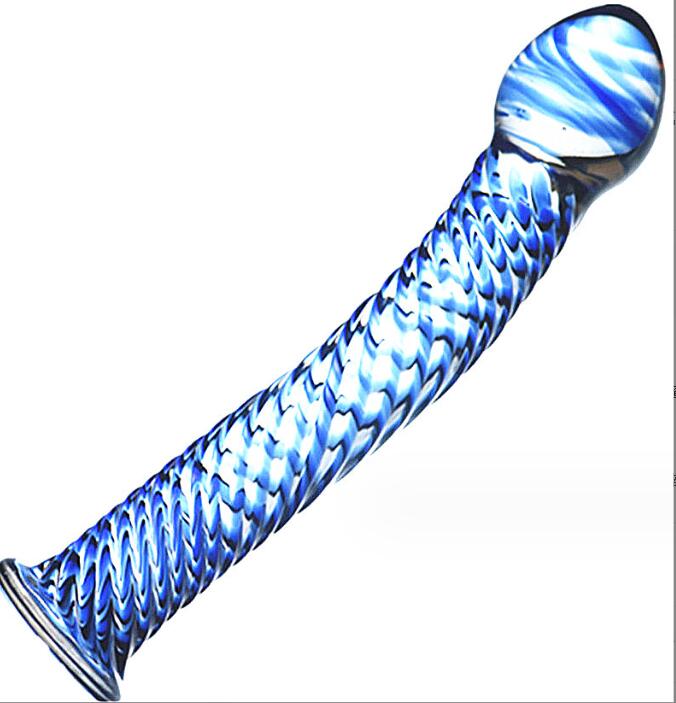 Blue Spiral Textured Glass Dildo - Strap-On Harness Friendly